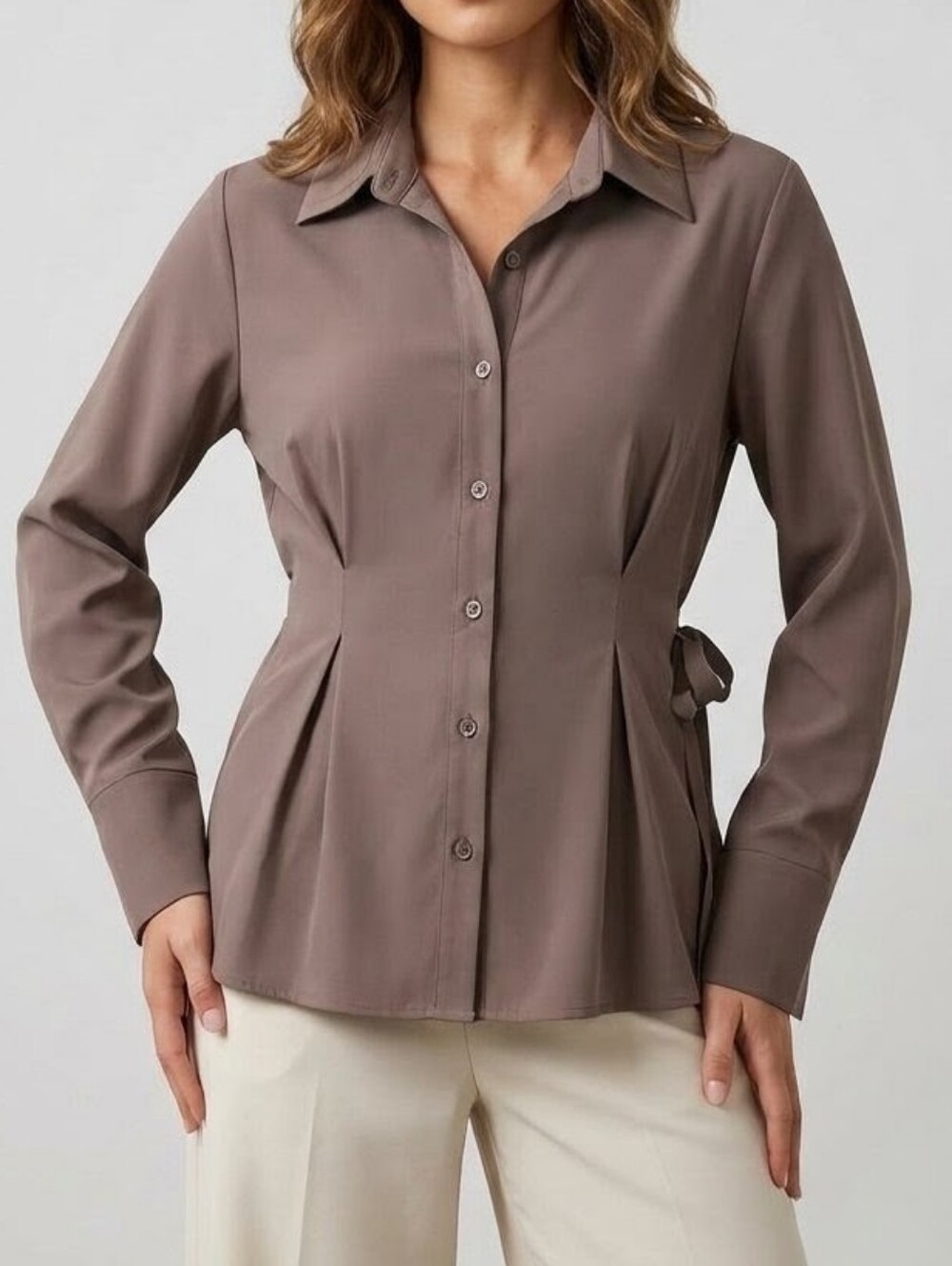 Brown Long Sleeve Button-Up Cinched Waist Peplum Blouse | Size XL | NWT